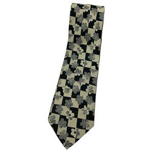 KENZO Men's 100% Silk Necktie LUXURY Tie Black Beige Geometric Floral W:4" EUC